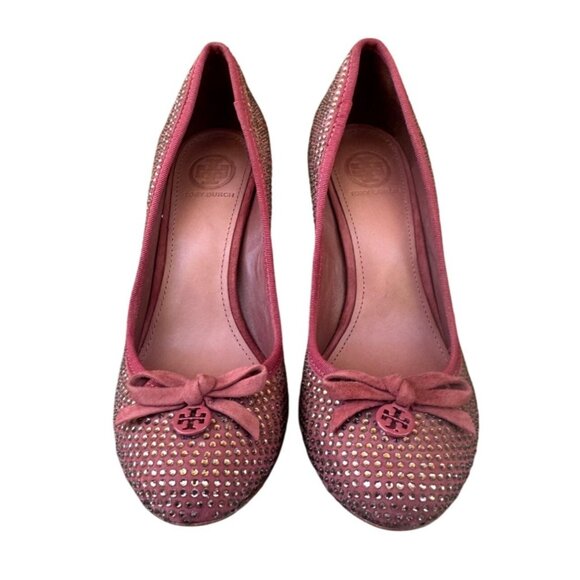 Tory Burch Phoenix Charm Logo Pumps Size 6.5 Pave Crystal Conceria Cameo Shoes - Picture 2 of 14